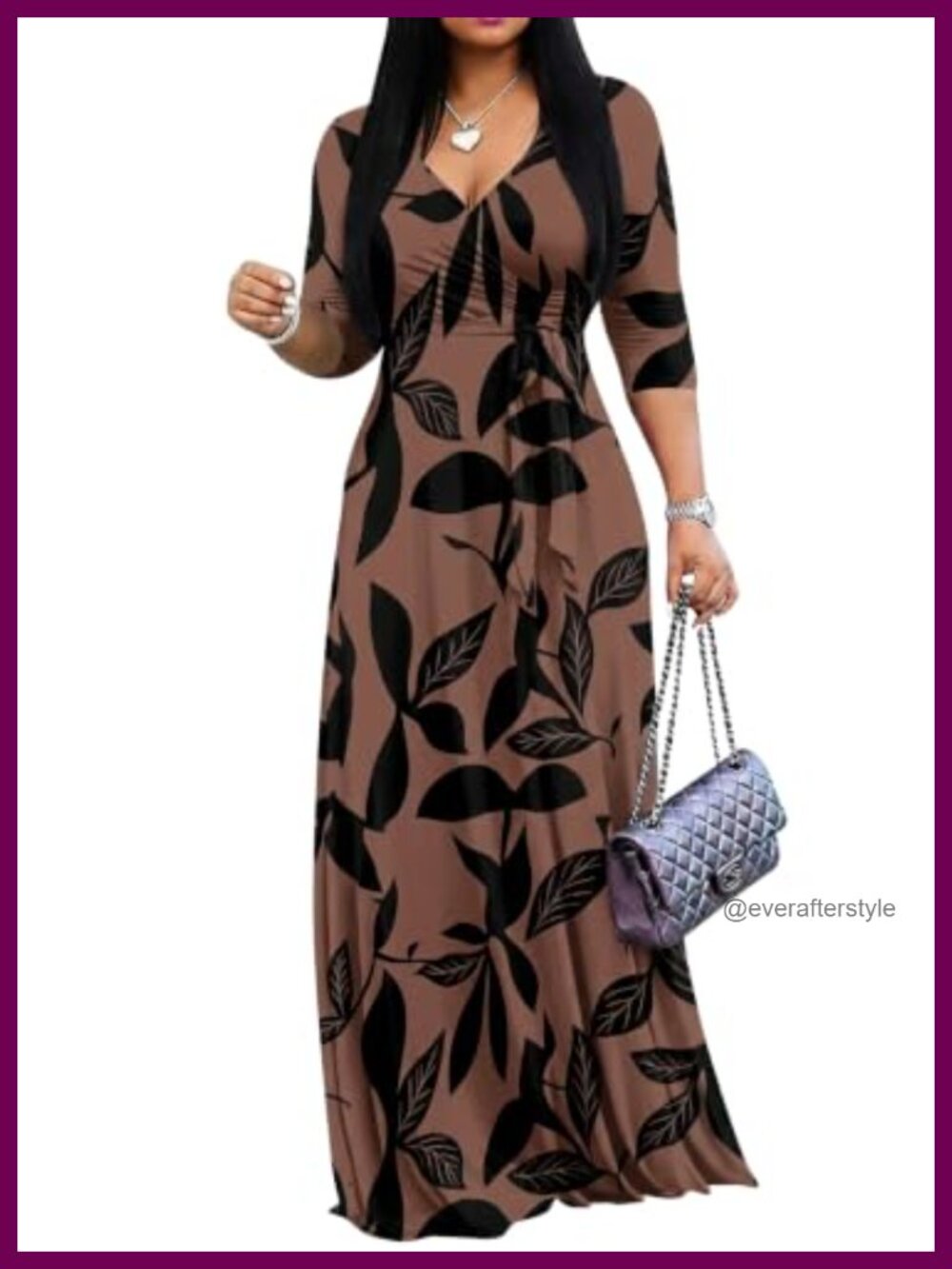 Women's V-Neck 3/4 Sleeve Floral Wrap Maxi Dress with Belt Pockets